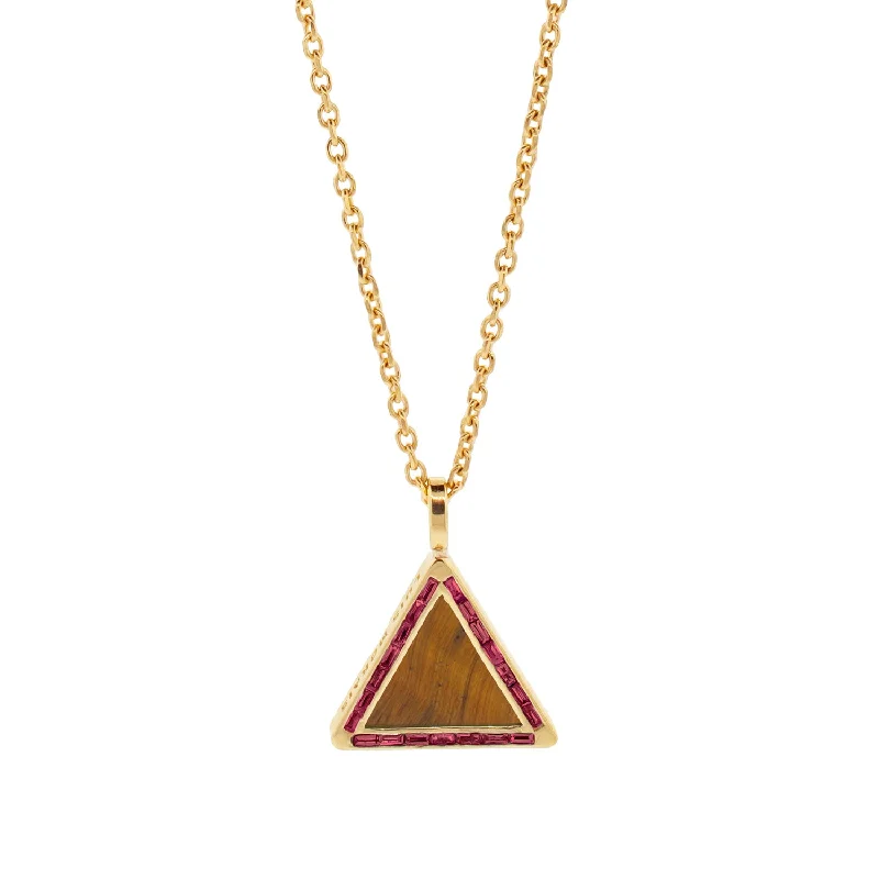 custom-made wedding jewelry for grooms -Triangle Tiger's Eye Pendant Necklace with Ruby Baguettes