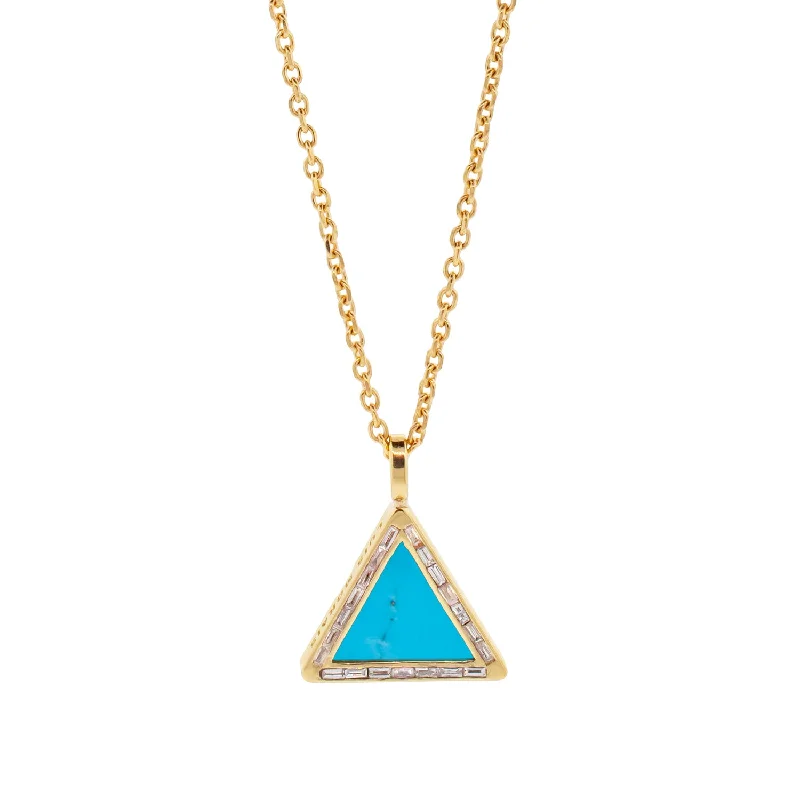 exclusive gold engagement rings for brides -Turquoise Triangle Pendant Necklace with Diamond Baguettes