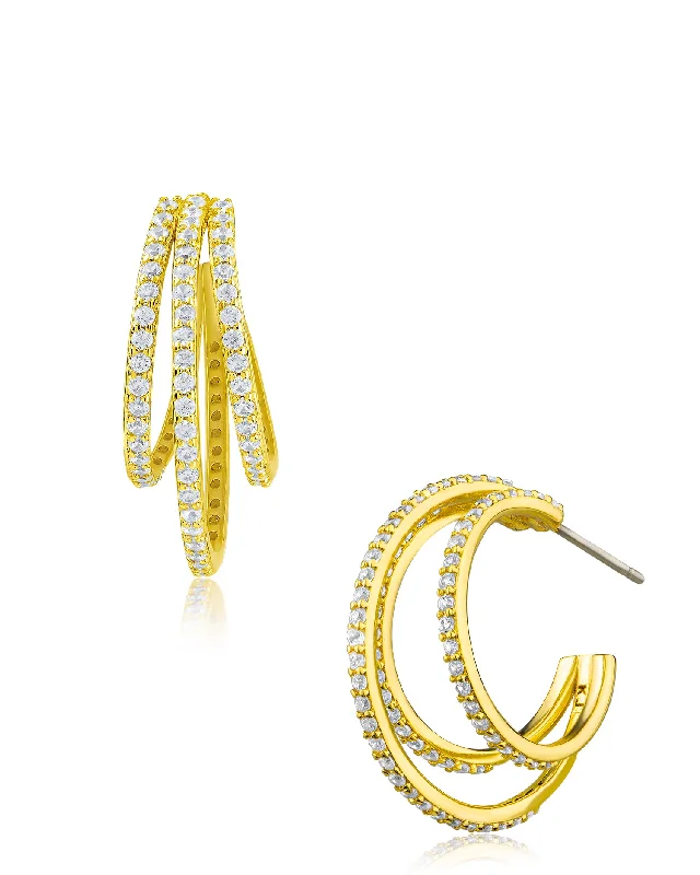 high-quality gemstone engagement rings -Cubic Zirconia & Gold Plated Triple Hoop Earrings