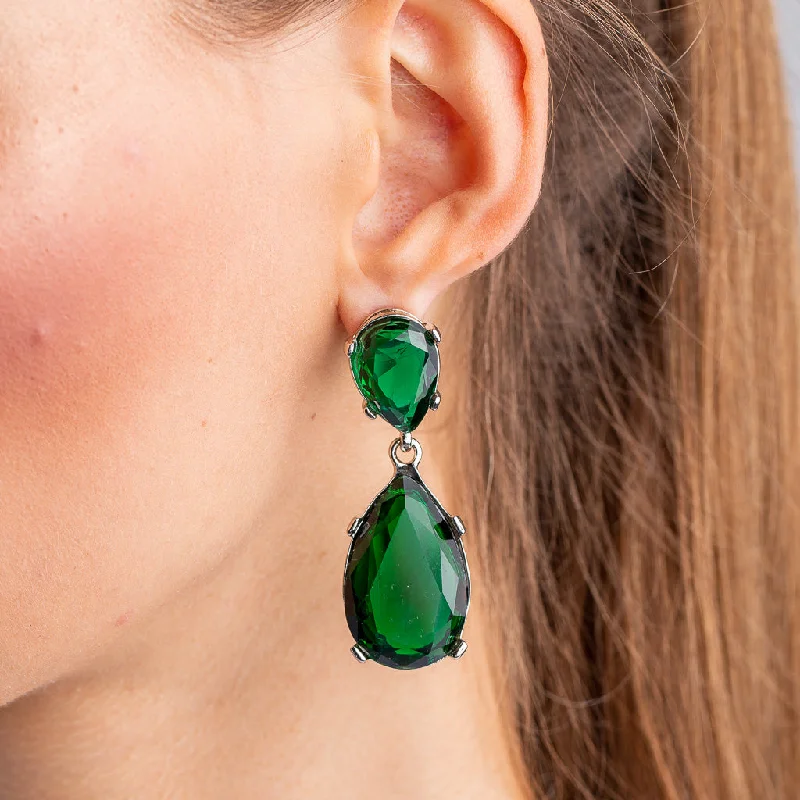 custom wedding earrings with diamonds -Emerald and Silver Teardrop Pierced or Clip Earrings