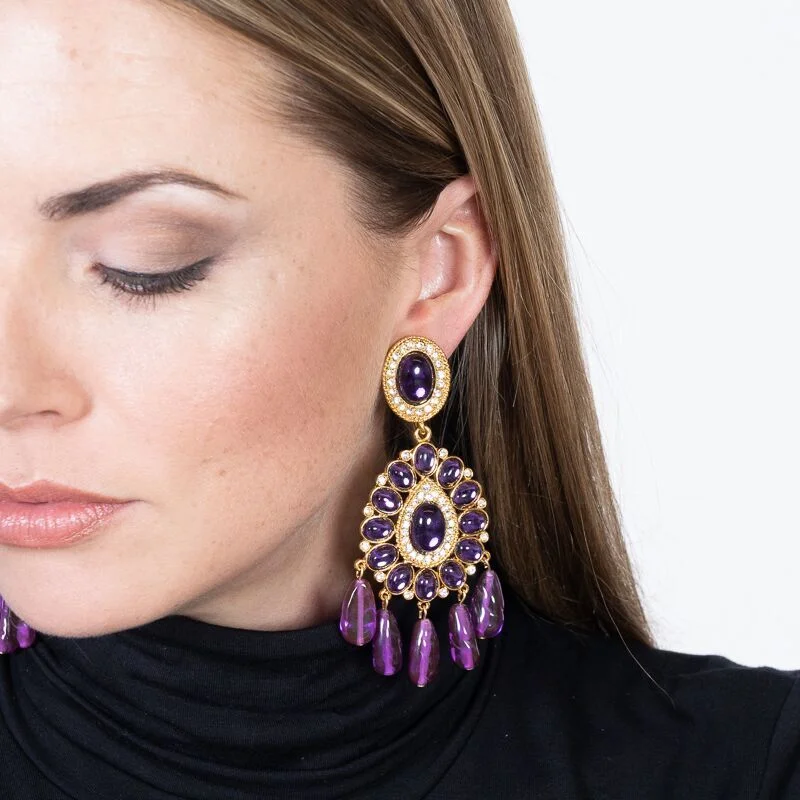 custom silver rings for engagements -Gold & Amethyst Cabochon Drop Clip Earrings