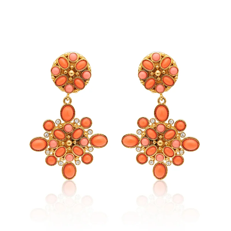 vintage gold engagement rings for women -Gold & Coral Cabochon Drop Clip Earrings