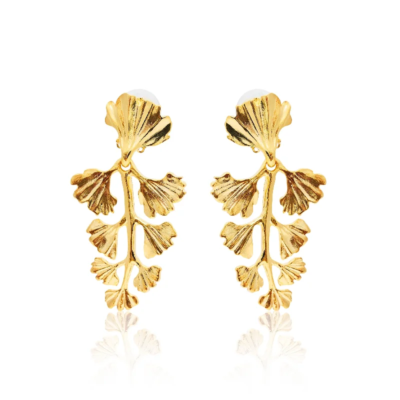 affordable diamond wedding bands for brides -Gold Leaves & Vine Drop Clip Earrings