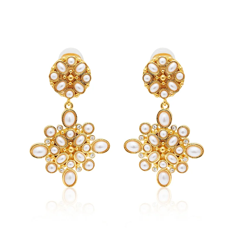 affordable luxury engagement rings -Gold & Pearl Cabochon Drop  Clip Earrings