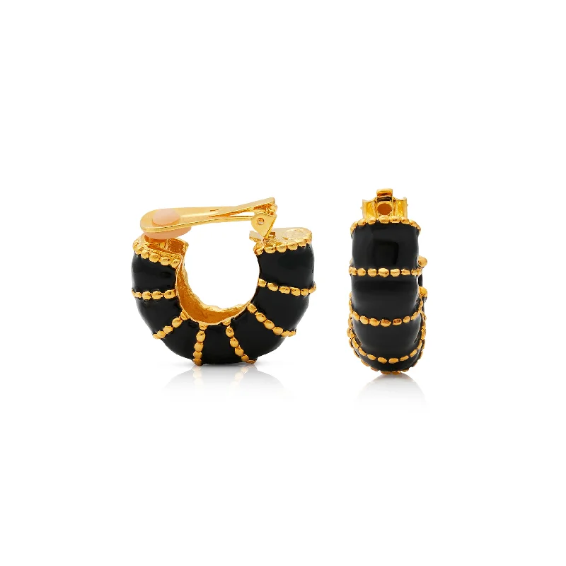 stylish bridal jewelry with pearls -Gold & Black Enamel Hoop Clip Earrings