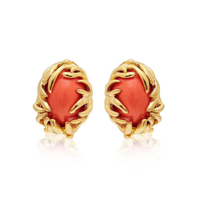 elegant custom-made wedding bands -Polished Gold Branch & Coral Clip Earrings