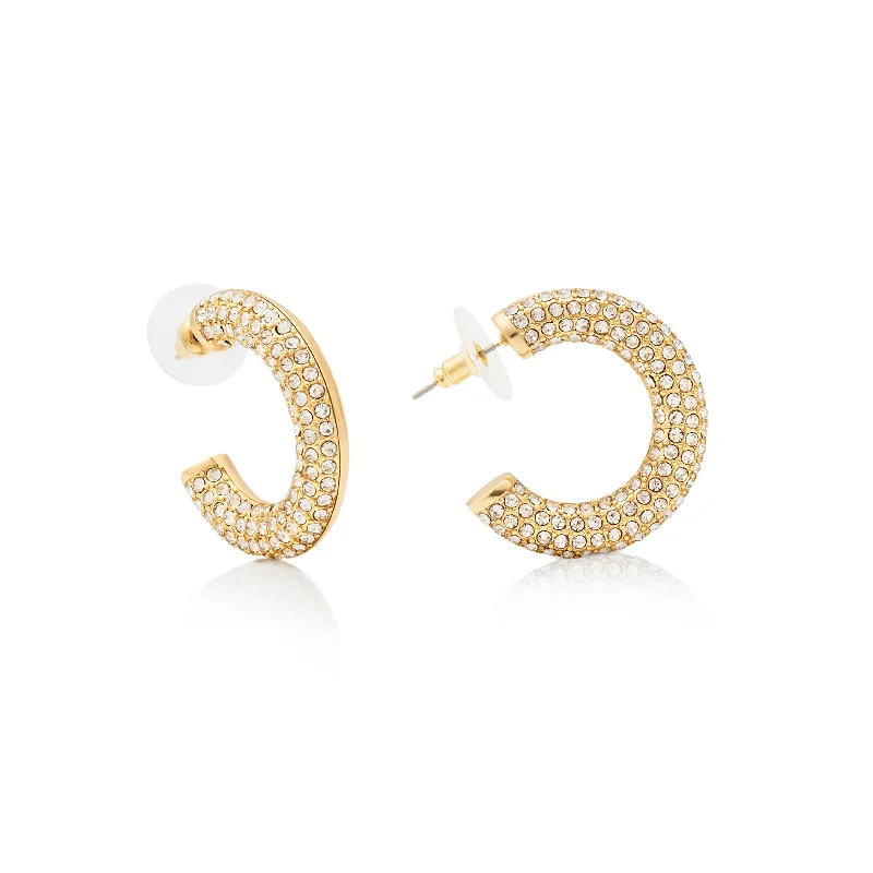 elegant custom-made wedding bands -Polished Gold & Crystal Hoop Post Earring