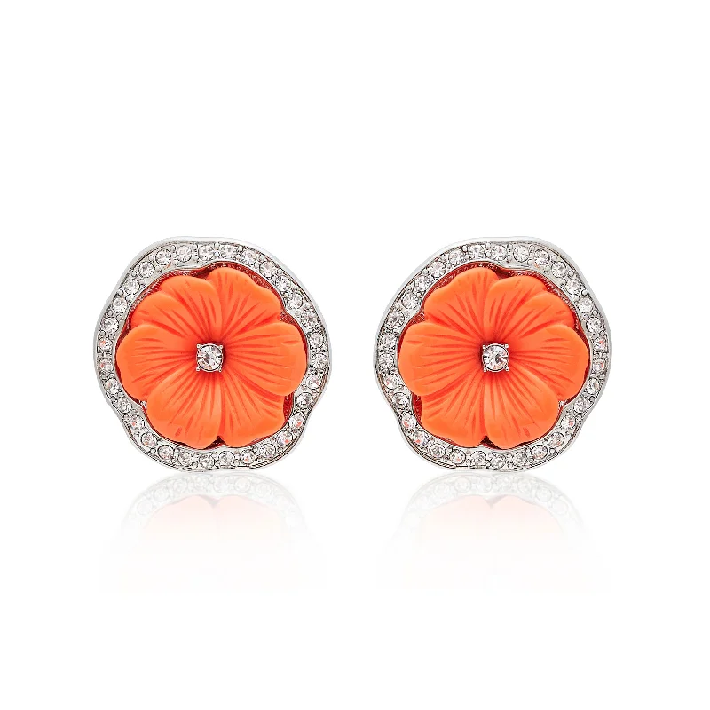 high-end diamond jewelry for brides -Rhodium & Coral Resin Pansy Clip Earrings