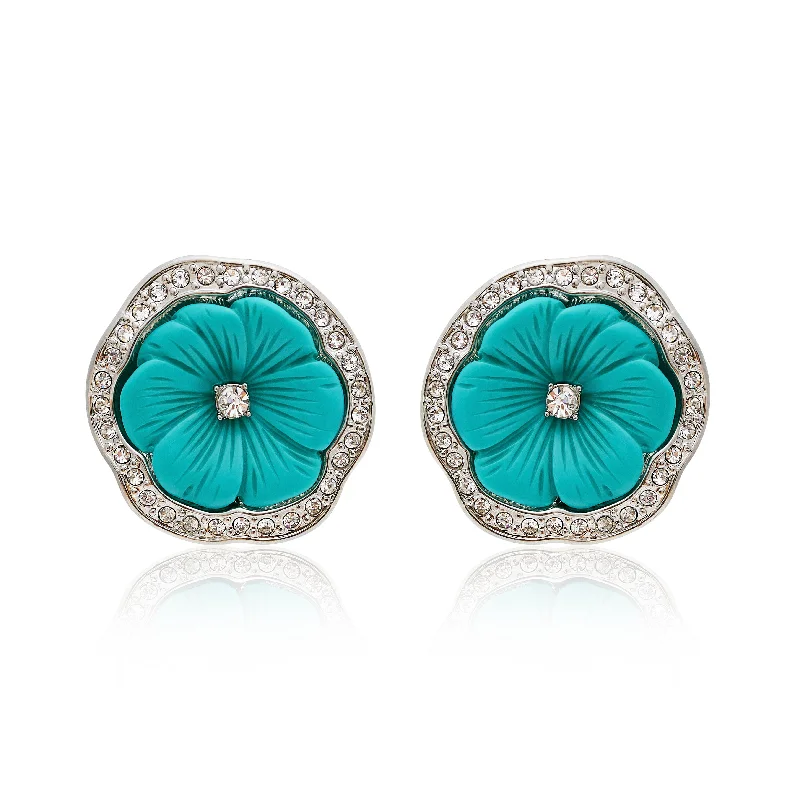 sparkling gemstone earrings for brides -Rhodium & Turquoise Resin Pansy Clip Earrings