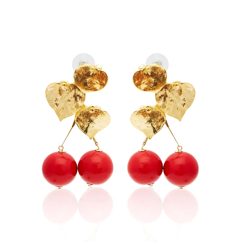 stunning bridal jewelry for weddings -Satin Gold Leaves & Cherry Drop Post Earrings