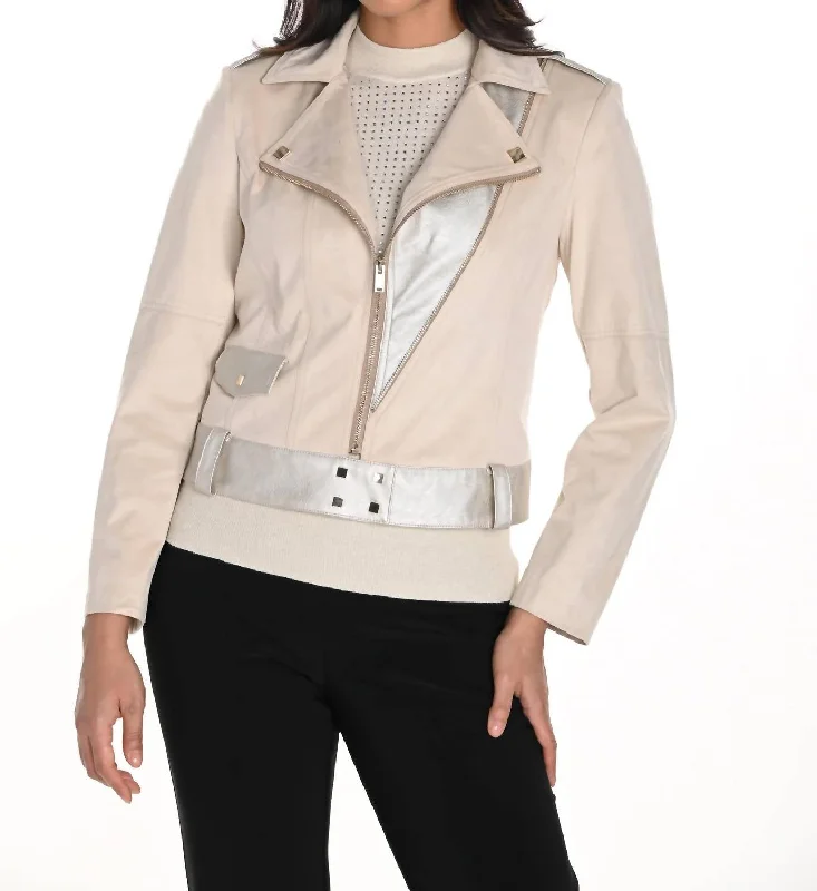 women’s casual fall pants-Faux Suede Moto Jacket In Beige