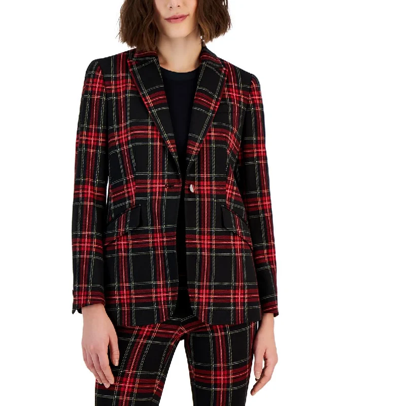 women’s formal fashion tops-Womens Plaid Suit Separate One-Button Blazer