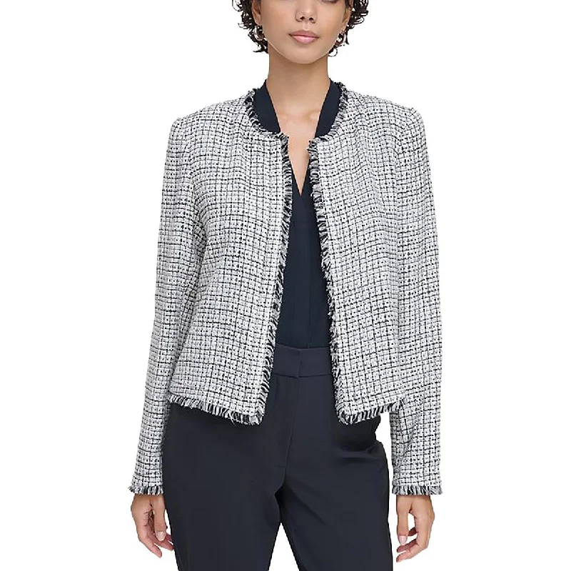 women’s formal work jackets for winter-Womens Tweed Fringe Open-Front Blazer