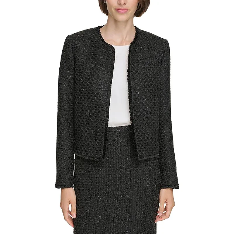 women’s elegant office skirts-Womens Tweed Fringe Open-Front Blazer