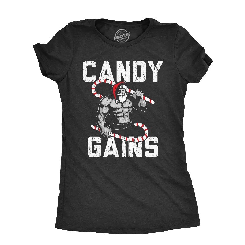 women’s trendy knitwear outfits-Womens Candy Gains T Shirt Funny Xmas Buff Ripped Santa Claus Workout Joke Tee For Ladies