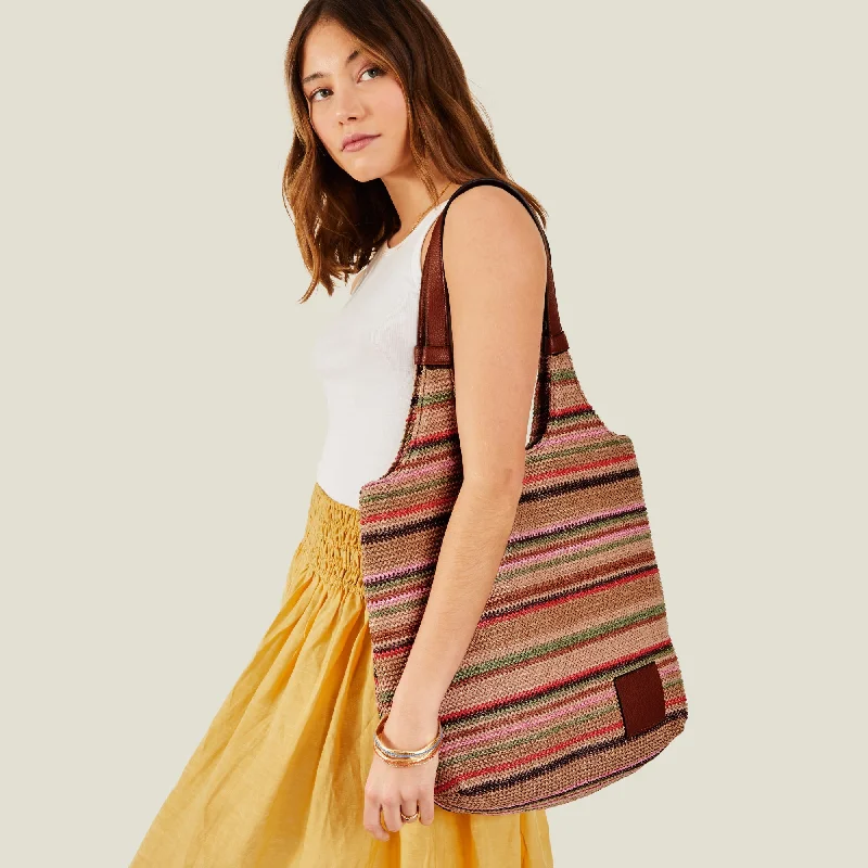 practical bags for women with busy schedules -Accessorize London Women's Brown Stripe Raffia Woven Shoulder Bag