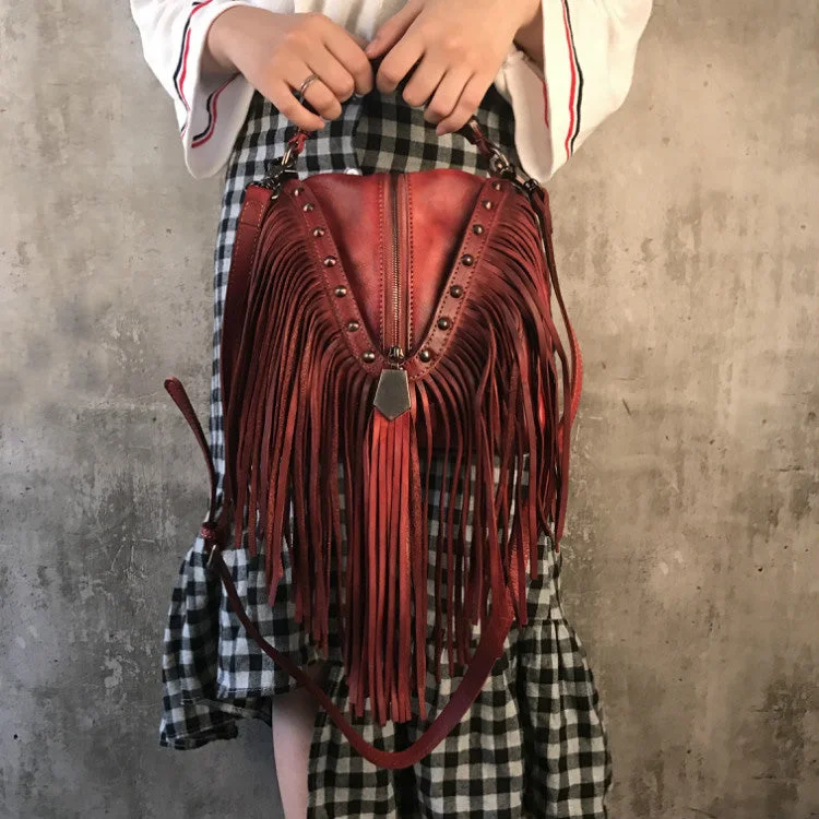 designer handbags for trendy office workers -Boho Womens Red Leather Fringe Handbags Purse Small Shoulder Bag for Women