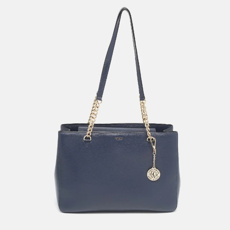 affordable designer handbags for stylish women -Dkny Navy Blue Leather Charm Chain Tote