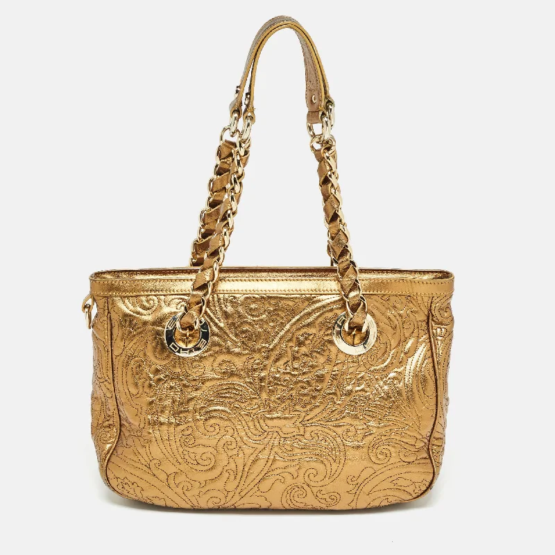 elegant handbags for sophisticated office workers -Etro Gold Paisley Embossed Leather Chain Tote