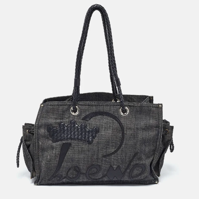 elegant handbags for women with bold accents -Loewe Black Denim And Leather Logo Shopper Tote