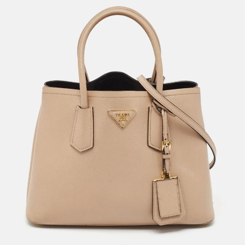 practical handbags for women who love fashion -Prada Beige Saffiano Cuir Leather Double Handle Tote