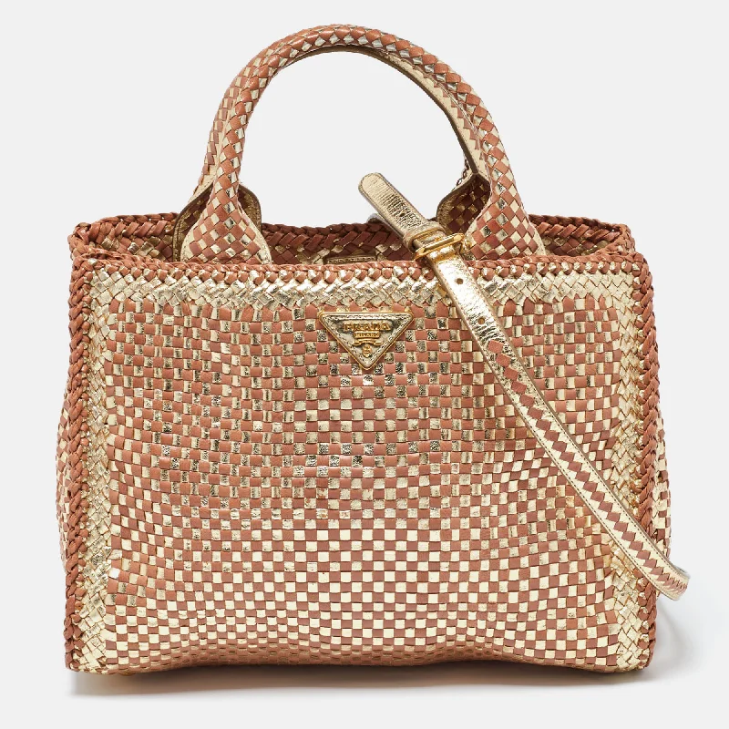 stylish handbags for all-day wear -Prada Gold/brown Woven Madras Leather Snap Tote