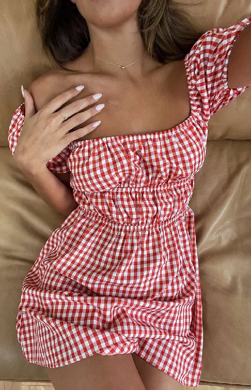 women’s elegant office fashion-I'm Yours Red Gingham Mini Dress