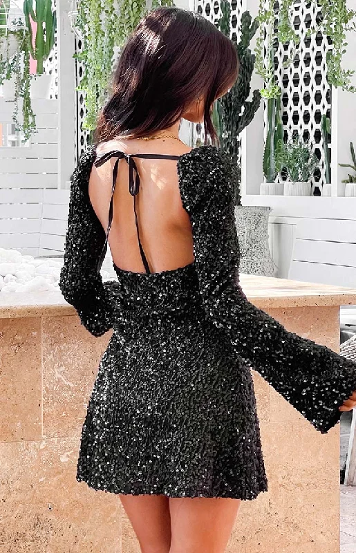 women’s cozy fashion shoes-Marienne Black Sequin Long Sleeve Mini Dress