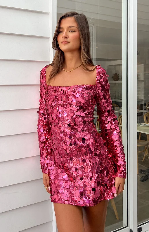 women’s trendy fashion tops for winter-Marienne Pink Sequin Long Sleeve Mini Dress