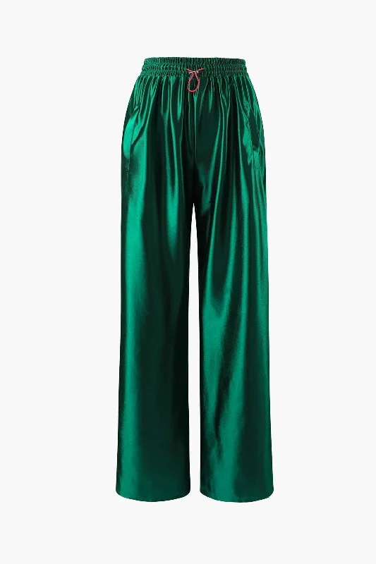 women’s smart casual sweaters-Satin Drawstring Wide Leg Pants