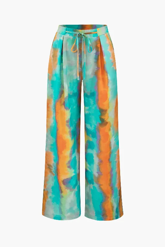 women’s chic woolen jackets-Abstract Print Satin Tie Waist Wide Leg Pants