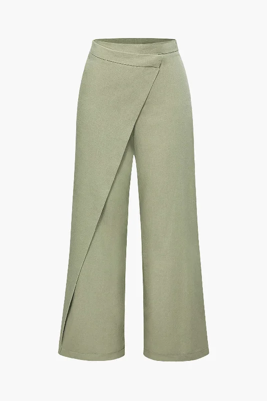 women’s elegant formal wear-Linen-blend Wrap Straight Leg Pants