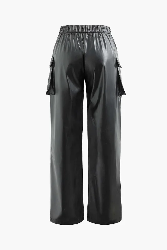 women’s elegant evening jackets-Faux Leather Flap Pocket Straight Leg Cargo Pants