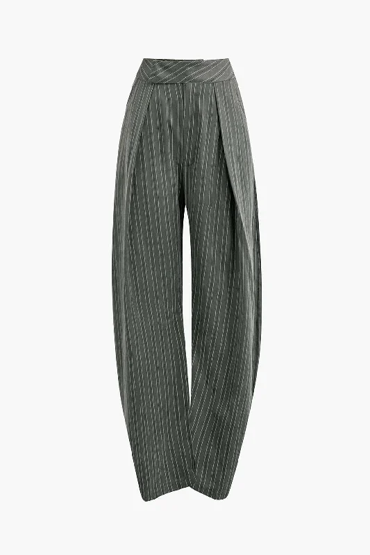 women’s chic wool coats for winter-Pinstripe High Waist Pleated Wide Leg Pants