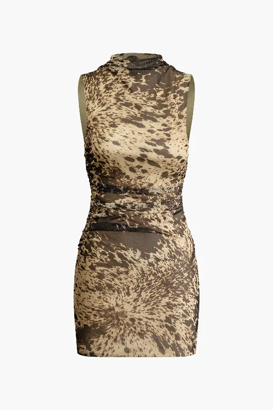 women’s chic printed dresses-Abstract Print Mesh Mock Neck Sleeveless Mini Dress