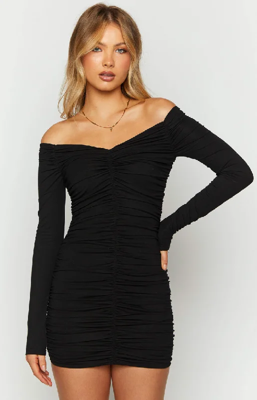 women’s trendy weekend tops-Solene Black Long Sleeve Mini Dress