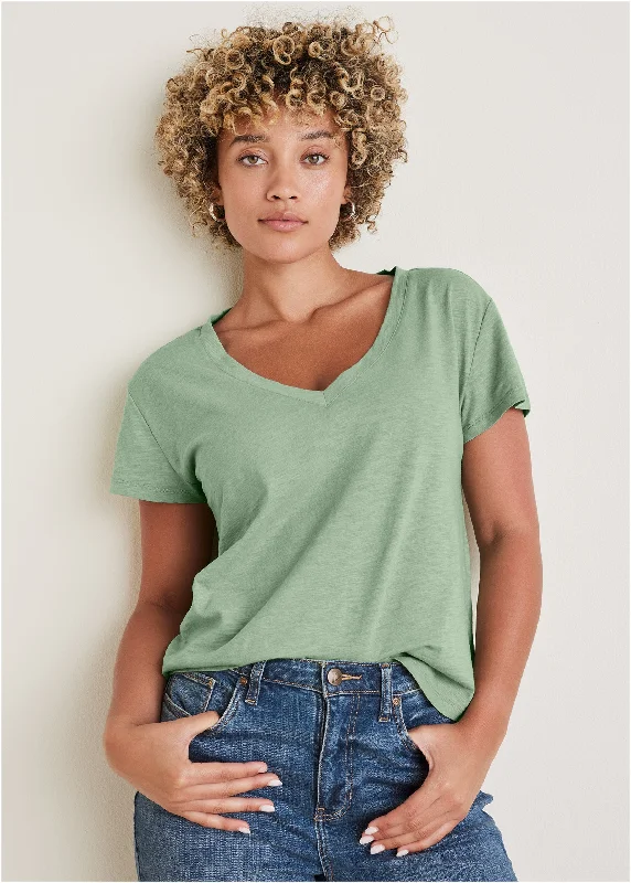 women’s chic woolen dresses-Cotton Slub V-Neck Tee - Basil